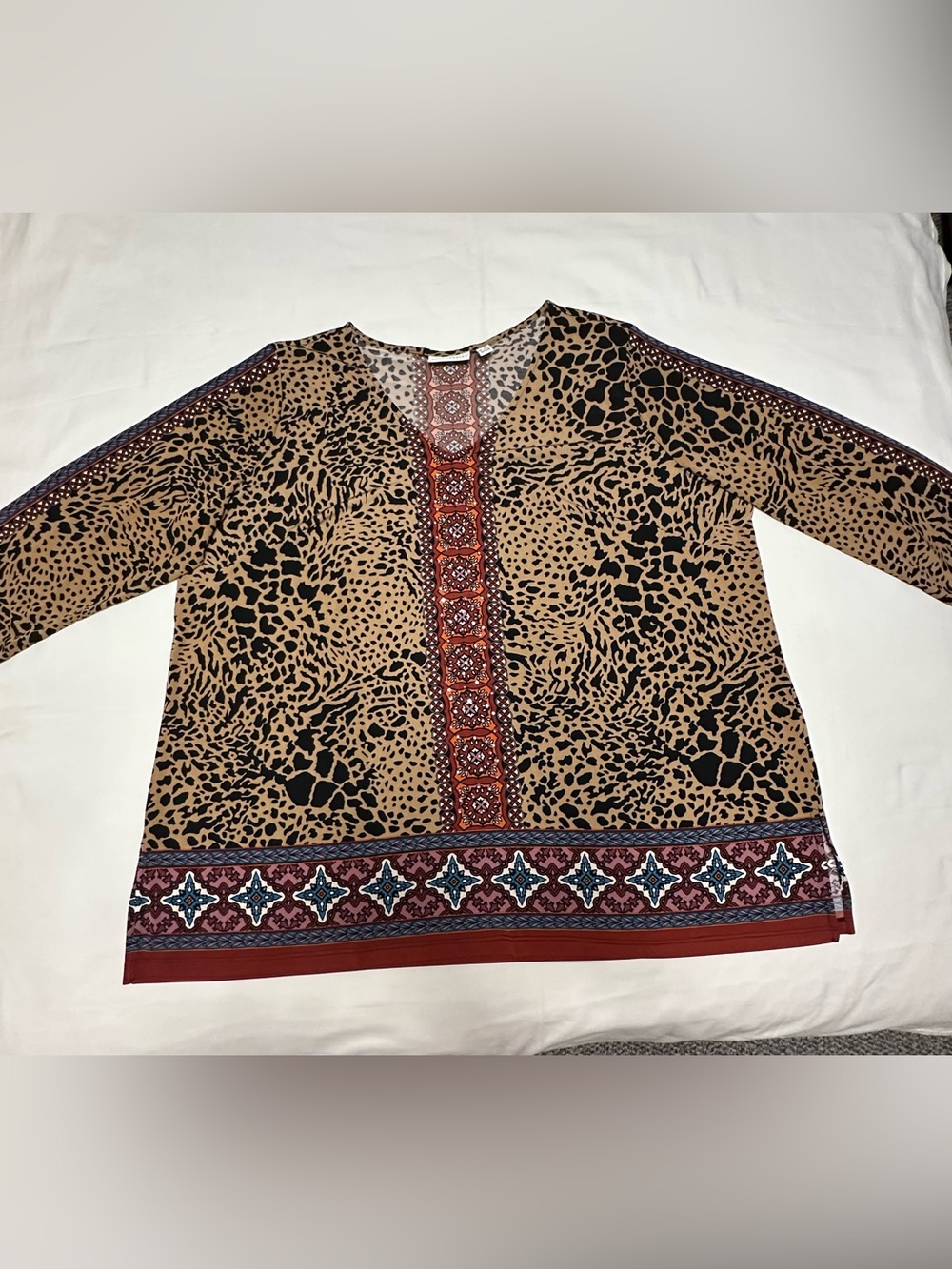Susan Graver Printed Liquid Knit V-Neck Tunic With Embellishment - Rose/Almond